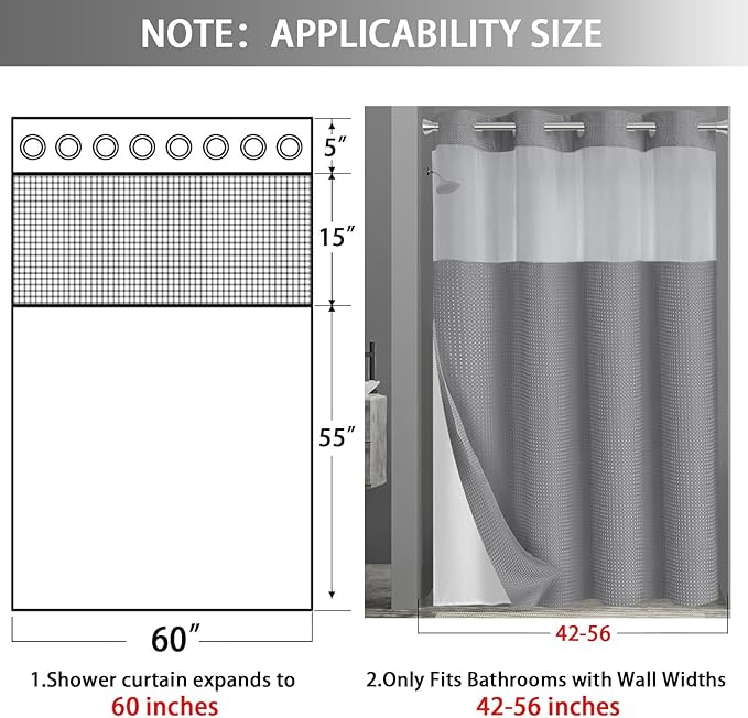 No Hook Shower Curtain and Liner Set,Grey Hotel Waffle Shower Curtain with Liner 75" L x 60" W - Image 6