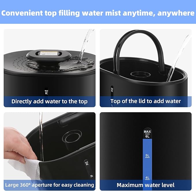 6L Humidifiers for Bedroom Large Room Home,Cool and Warm Humidifier for Baby and Plants Hot Mist Top Fill Desk Humidifiers Oil Diffuser,Quiet,Adjustable Mist,360°Nozzle-Black(2026 Upgraded) - Image 6