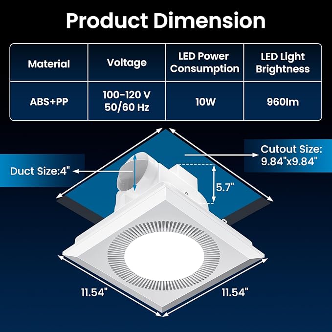 Hon&Guan Bathroom Exhaust Fan with Light, Upgraded Quiet Square Bathroom Vent Fan with Adjustable LED Light 3000K/4500K/6500K, 110 CFM, 1.0 Sones, Exhaust Fan with Light for Home Bath Hotel - Image 2