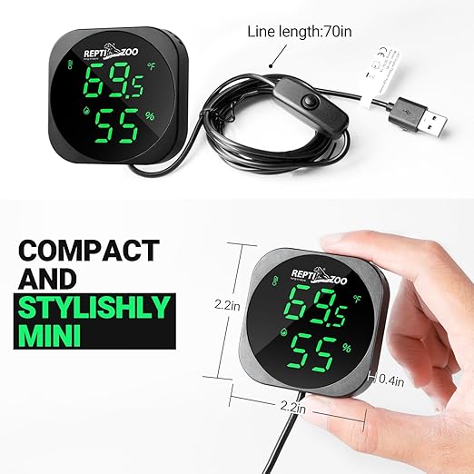REPTI ZOO Thermometer Hygrometer, LED Digital Thermo Hygrometer for Reptile Terrarium Pet Rearing Box, Reptile Tank Thermometer with 55.2" Cable USB Power Supply - Image 7