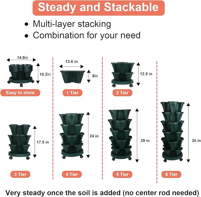 GameXcel Vertical Planter 6 Tier Stackable Planters Garden Planters Strawberry Herb Flower and Vegetable Planter Indoor Outdoor Gardening Pots with Removable Wheels and Tools - Image 7
