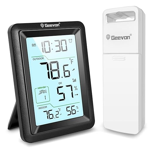 Geevon Wireless Indoor Outdoor Thermometer & Hygrometer with Remote Sensor – Digital Temperature & Humidity Monitor, Alarm, Snooze, 10s Backlight by GEEVON