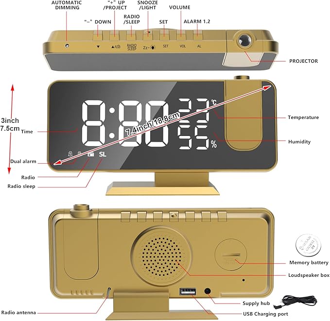 Projection Digital Alarm Clock for Bedrooms, Alarm Clock Radio on Ceiling, USB Charger Port, Temperature & Humidity Display, 7.3” Large Mirror LED Display,12/24H,Snooze,Dual Loud Clock- 4 Dimmer - Image 6