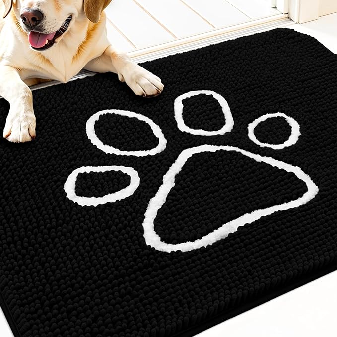 OLANLY Dog Door Mat for Muddy Paws 30x20, Paw Print Design, Absorbs Moisture and Dirt, Absorbent Non-Slip Washable Doormat, Quick Dry Chenille Mud Mat for Dogs, Entry Indoor Entryway Carpet, Black by OLANLY