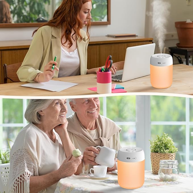 Portable Mini Humidifier, 650ml, Colorful LED Light & Warm Light, Cool Mist, USB, Personal Mini Humidifier for Desktop, Bedroom, Office, Home, Travel, Plants (White) - Image 6