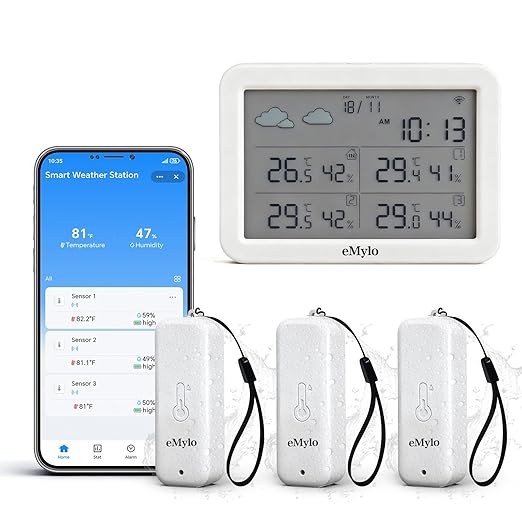 eMylo WiFi Hygrometer Thermometer 4 Pack, Smart Digital Indoor Temperature Humidity Monitor 426Ft Rang with 3 IP65 Wireless Sensors Outdoor Kit, App Alerts, Free Data Storage Export, Works with Alexa by eMylo