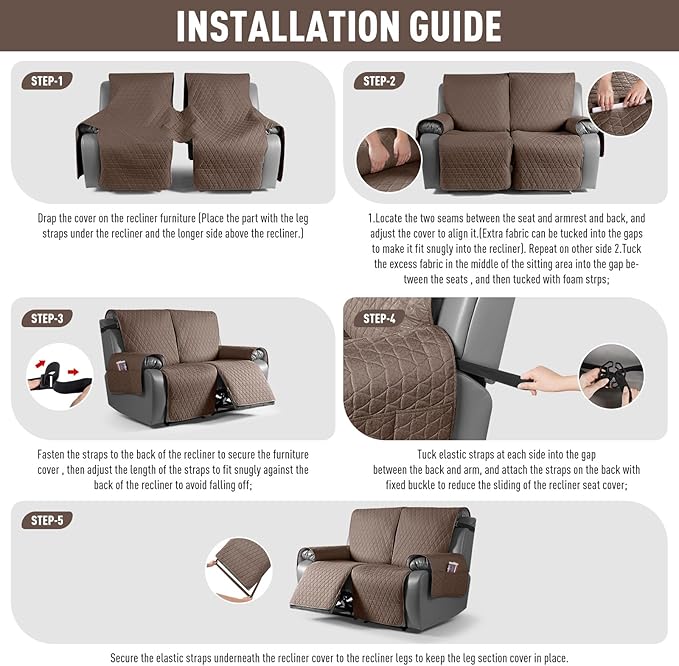TAOCOCO 100% Waterproof Recliner Cover, Non-Slip Washable Reclining Couch Cover with Elastic Leg Straps, Furniture Protector for Dogs (Brown, 2 Seater) - Image 7