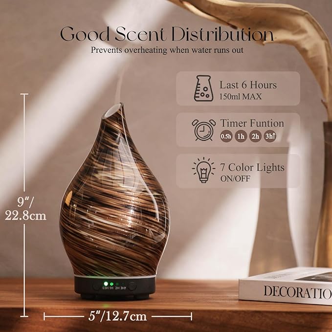 Porseme 150ml Essential Oil Diffuser Glass Color Changing Aroma Air Diffusers Aromatherapy Ultrasonic Cool Mist Humidifier 6 Running Hours Waterless Auto-Off for Sleeping Yoga Office Spa (Dark Golden) - Image 3