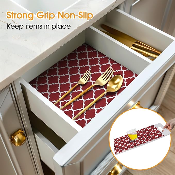 Shelf and Drawer Liner for Kitchen Cabinets Non-Adhesive, Strong Grip Non-Slip Thickened Cabinet Liners for Shelves, Waterproof Mats for Dresser Cupboard, Red/White, 12 in x 30 Feet - Image 2