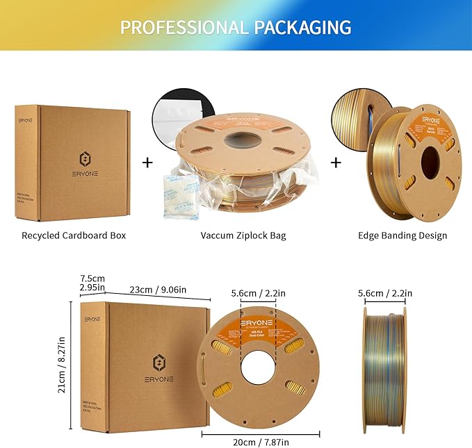ERYONE Silk Dual Color PLA Filament 3D Printer 1.75mm +/- 0.03mm, Bicolor Filament Two Tone PLA 1KG(2.2lbs) Cardboard Spool, Gold Blue - Image 6