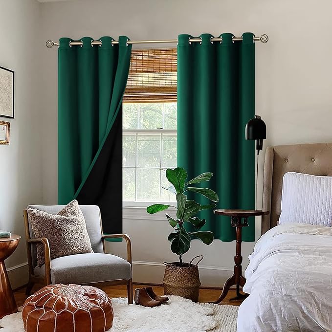 BGment Thermal Insulated 100% Blackout Curtains for Bedroom with Black Liner, Double Layer Full Room Darkening Noise Reducing Grommet Curtain (52 x 63 Inch, Emerald, 2 Panels) - Image 2