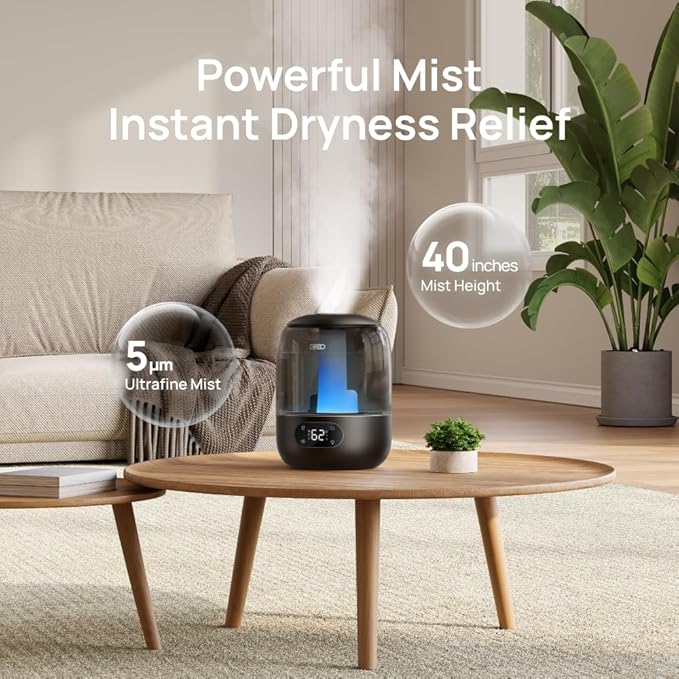 DREO Humidifiers for Bedroom, 3L Top Fill 30H & 26dB Quiet Runtime for Large Room, Cool Mist Ultrasonic Humidifier with Humidity Sensor, Night Light for Home, Baby, Nursery, Plants, 360° Nozzle, Black - Image 5