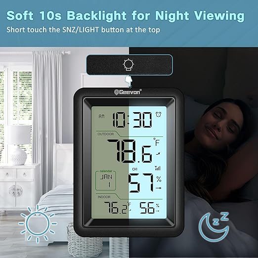 Geevon Wireless Indoor Outdoor Thermometer & Hygrometer with Remote Sensor – Digital Temperature & Humidity Monitor, Alarm, Snooze, 10s Backlight - Image 6