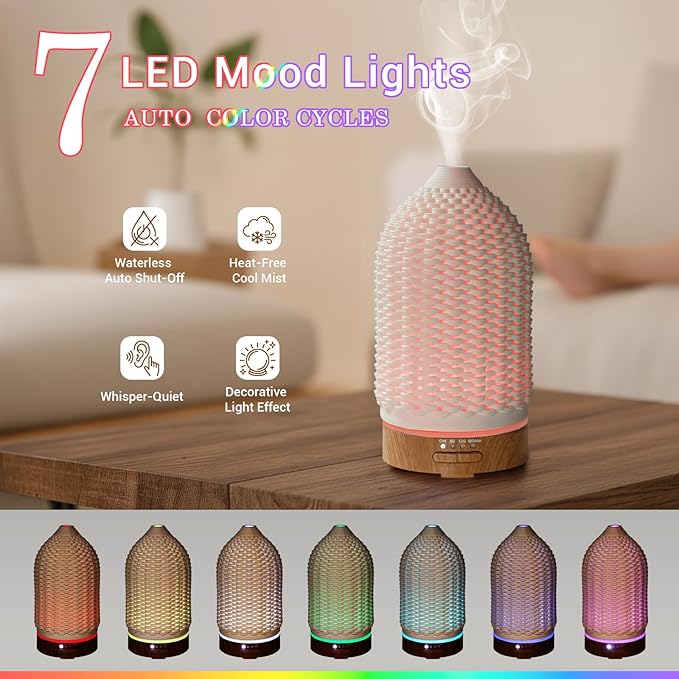 Ultrasonic Essential Oil Diffuser 100ML - Cool Mist Humidifier, 7-Color LED Lights, 3 Timer & Auto Shut-Off, Ideal Gift for Home Bedroom Office (Cream) - Image 3