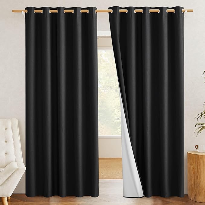 NICETOWN Black Truly Blackout Linen Blend Flax Drapes for Office, Vintage Grommet 100% Blackout Curtains with White Liner Backing for Kitchen Dorm Window（Set of 2, 62" Wide x 63" Long by NICETOWN