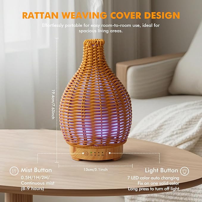 Boho Essential Oil Diffuser for Home -150ml Ultrasonic Fragrance Diffuser Humidifier Whisper Quiet Timer Setting 7 LED Colors Changing Lights for Home Office Decor & Gift (Handwoven) - Image 5
