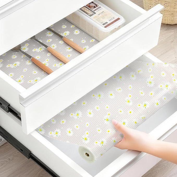 FEXIA Shelf Liner 12 Inch x 20 FT Daisy Non Slip Waterproof Cabinet and Drawer Liner for Kitchen Cabinet Refrigerator Pantry Closet Durable Non Adhesive - Image 2