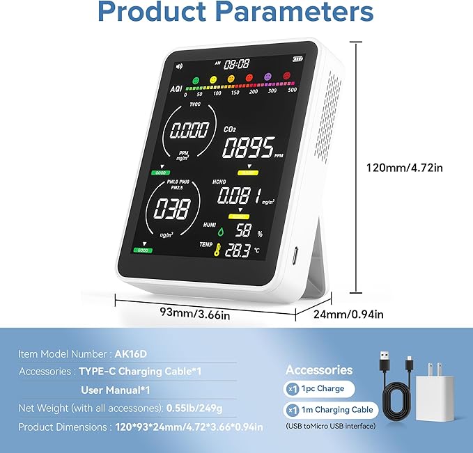 16 in 1 Air Quality Monitor Indoor 9 +7 AQI Alerts, CO2 Monitor Air Quality Tester for CO2, TVOC, PM2.5 PM1.0 PM10, HCHO Temperature Humidity AQI & Time Air Quality Meter for Home (Floral White) - Image 8