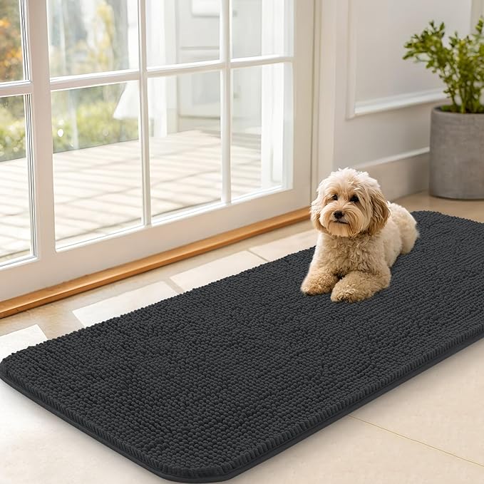 OLANLY Dog Door Mat for Muddy Paws 47x20, Absorbs Moisture and Dirt, Absorbent Non-Slip Washable Doormat, Quick Dry Chenille Mud Mat for Dogs, Entry Indoor Entryway Carpet for Inside Floor, Dark Grey by OLANLY
