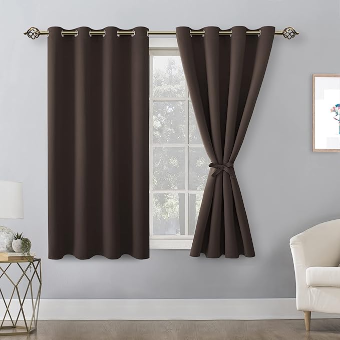Hiasan Blackout Curtains for Bedroom, 52 x 54 Inches Long - Thermal Insulated & Light Blocking Window Curtains for Living Room, 2 Drape Panels Sewn with Tiebacks, Brown - Image 2