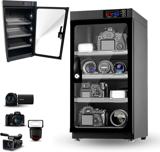 Modern Black 50L Camera Dehumidify Dry Cabinet with Lock, 4 Tiers, Low Noise, LED Digital Display by Unknown