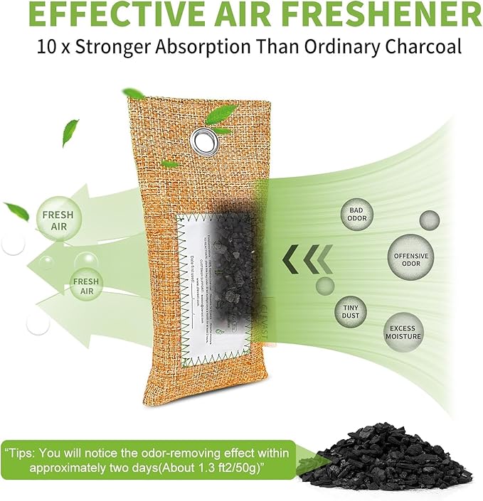 CLEVAST Activated Bamboo Charcoal Odor Absorber - 6 x 60g Air Purifying Bags, Natural Bamboo Charcoal Fresh Odor Moisture Eliminator, Deodorizer for Home, Closet, Shoe, Car Air freshener - Image 3