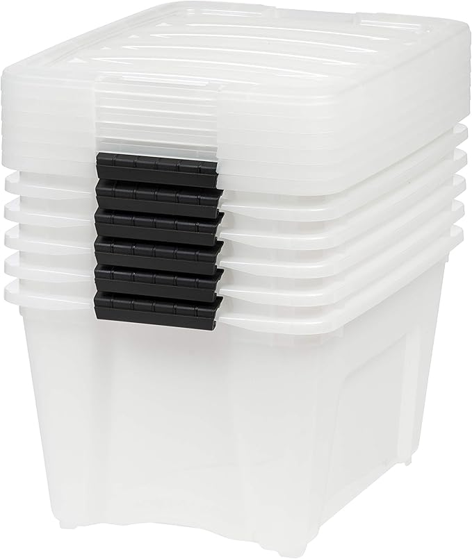 IRIS USA 32 Qt Stackable Plastic Storage Bins with Lids, 6 Pack - BPA-Free, Made in USA - Discreet Organizing Solution, Latches, Durable Nestable Containers, Secure Pull Handle - Pearl - Image 9