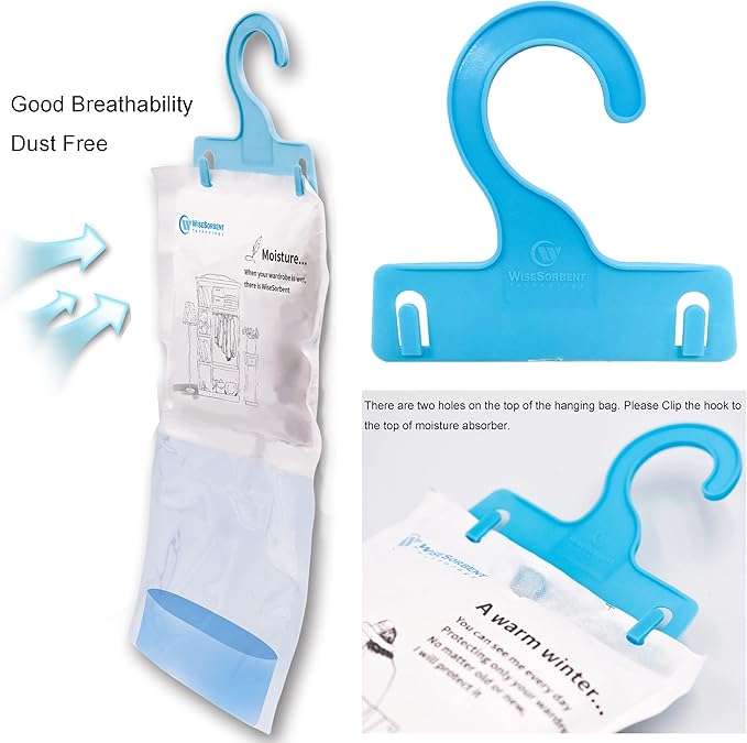 Moisture Absorber Refill Hanging Bags, 12 Pack (200g Each) – Calcium Chloride Dehumidifier Bags with 6 Reusable Hooks, Closet & Bathroom Dehumidifier Bags - Image 2