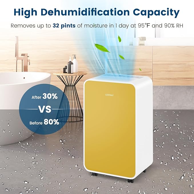 COSTWAY 2500 Sq. Ft Dehumidifier for Basement, 32 Pints Portable Quiet Dehumidifier for Bedroom Bathroom with Sleep Mode, 24H Timer, Auto Shut Off, Auto Defrost & Drain Hose (Yellow) - Image 5