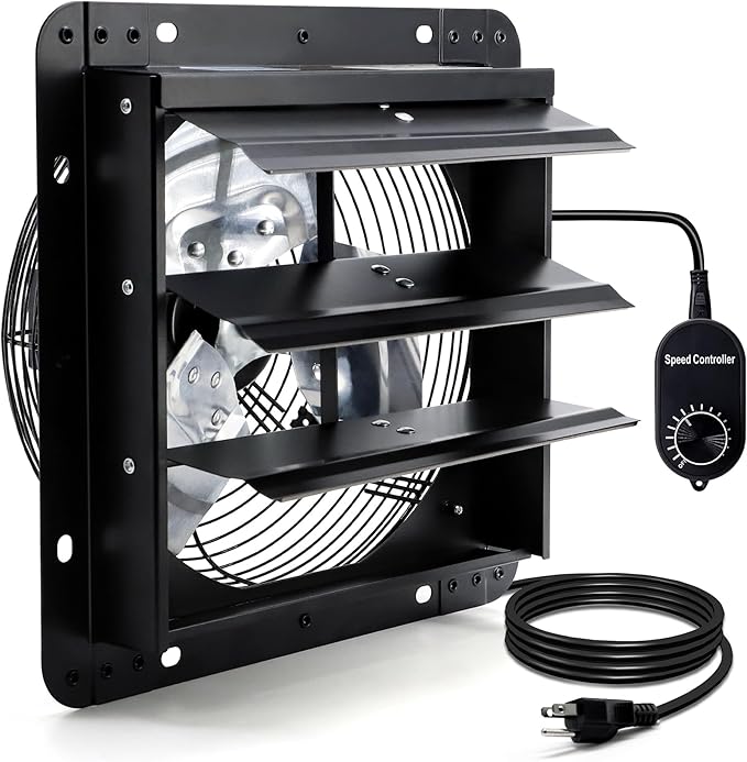 12 Inch Shutter Exhaust Fan for Greenhouse, Shed, Garage, Barn, Chicken Coop Ventilation, Wall Mount Attic Fan with Speed Controller and Power Cord, 970 CFM, Black by Hipoilk
