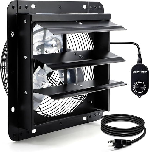 12 Inch Shutter Exhaust Fan for Greenhouse, Shed, Garage, Barn, Chicken Coop Ventilation, Wall Mount Attic Fan with Speed Controller and Power Cord, 970 CFM, Black by Hipoilk