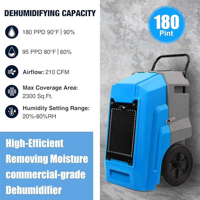 MOUNTO 180Pints Commercial Dehumidifier with Pump and Drain Hose, LGR Portable Dehumidifier with wheels for Home, Basements, Garages, and Job Sites. - Image 2