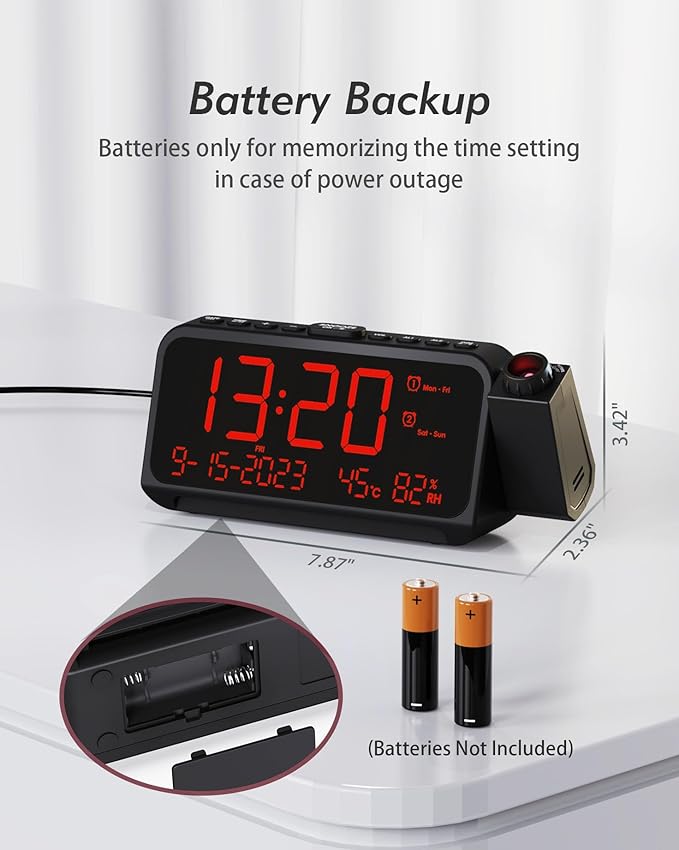 Roxicosly Projection Alarm Clock for Bedroom Ceiling, 118 dB Super Loud for Heavy Sleepers, 6.7" Large Digital Dimmable Display with Day Date Indoor Temp Humidity, Dual Alarms Adjustable Volume - Image 9
