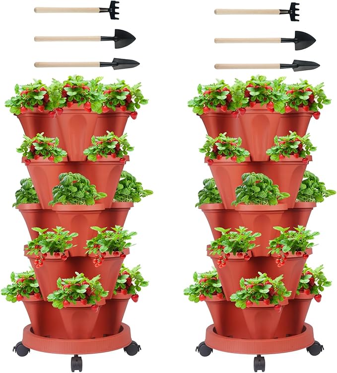DUNCHATY 5 Tier Plant Pot, Vertical Garden Planter, Strawberry Planter, Indoor/Outdoor Planters, 2 Set, Brick Red, 29 x 13.6 x 13.6 inches by DUNCHATY