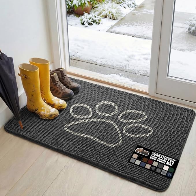 GORILLA GRIP SOAKSTOPPER Dog Door Mat, 48x30 Machine Washable Rug Absorbent Doormat Captures Moisture Mud Dirt, Quick Dry Soft Chenille Entryway Rugs Indoor Entrance Mats for Dog Paws, Charcoal by GorillaGrip