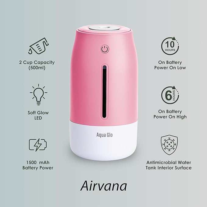Aqua Glo Personal, Portable Humidifiers for Bedroom – Ultrasonic Cool Mist Humidifier with Built In Rechargeable Battery. Air Humidifier for Baby, Plants, Home, Office, Travel. Rose Quartz - Image 2