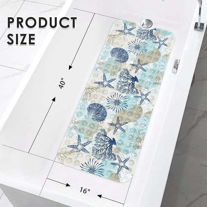 Cute Seashells Sea Shell Bath Mat Non Slip, Ocean Starfish Beach 40X16 Inch Extra Long Bathtub Shower Mat for Tub Anti Slip with Suction Cups and Drain Holes for Kid Adult Elderly - Image 2