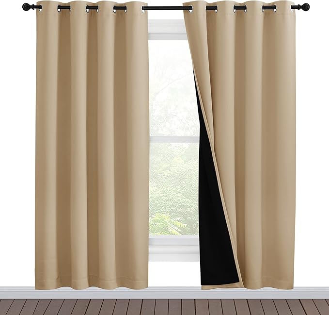 NICETOWN Living Room Completely Shaded Draperies, Privacy Protection & Noise Reducing Ring Top Drapes, Black Lined Insulated Window Treatment Curtain Panels(Biscotti Beige, 2 Pieces, W55 x L78) by NICETOWN