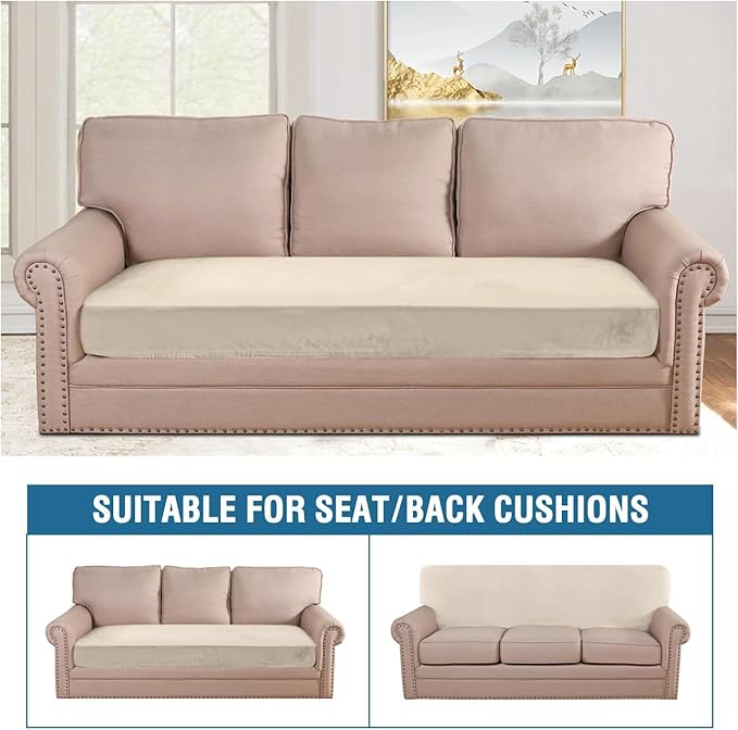 H.VERSAILTEX Velvet Stretch Individual Couch Cushion Cover Plush Cushion Slipcover for Loveseat Sofa Cushion Furniture Protector Seat Cushion Sofa Cover (1 Piece Sofa Cushion Cover, Cream) - Image 4