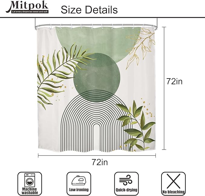 4 PCS Sage Green Boho 72Wx72H Shower Curtain Set Modern Leaves Mid Century Plant Bath Rug Toilet Lid Cover Nonslip U Shape Mat Quick Dry Rubber Backed Dirt Resistant Accessories Bathroom Decor - Image 4