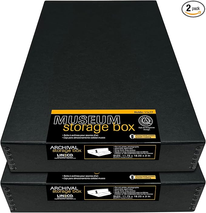 Lineco Museum Archival Storage Box, 11.75x18.25x3 in. Drop Front Design. Acid-Free with Metal Edge. Organize Photos, Pictures, Prints, Documents, Crafts, DIY. Black, 2Pack by Lineco