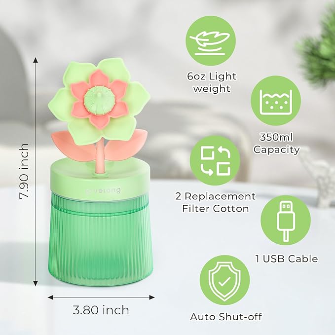 Cute Flower Mini Humidifier, 260ml Gardenia Desktop Humidifiers for Bedroom, Portable Small Cool Mist Humidification for Home, Baby Nursery, Office & Indoor Plants, USB Powered (Green) - Image 7