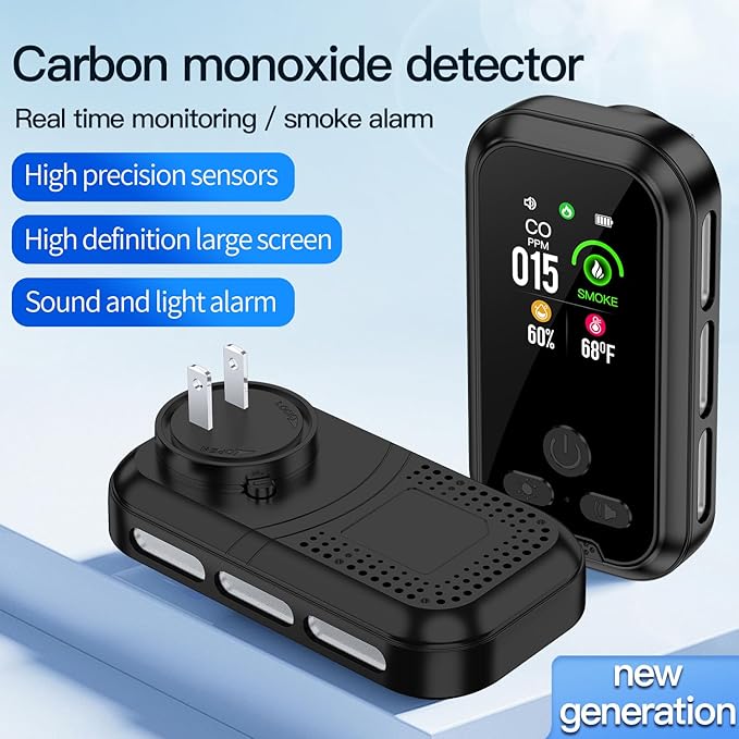 4IN1 Plug in Smoke & Carbon Monoxide Detector Combination Builti-in 2000 mAh Backup Battery HD Screen [Smoke CO Temp Humidity Sensor] Alarm for Home Travel Hotel Indoor (Black) - Image 3