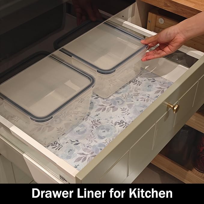 Blue Floral Shelf and Drawer Liner for Kitchen,12IN x 20FT Non-Adhesive and Strong Non-Slip Peony Cabinet Drawer Liners for Kitchen Shelf, Waterproof Cupboard Liners,Easy to Clean - Image 7