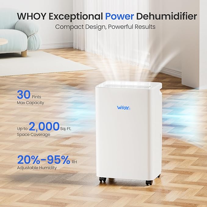 30 Pint Dehumidifier for Basement, Up to 1500-2000 Sq Ft, Smart App Control, Continuous Drain with Hose, Quiet Dehumidifier for Home & Office - Image 2