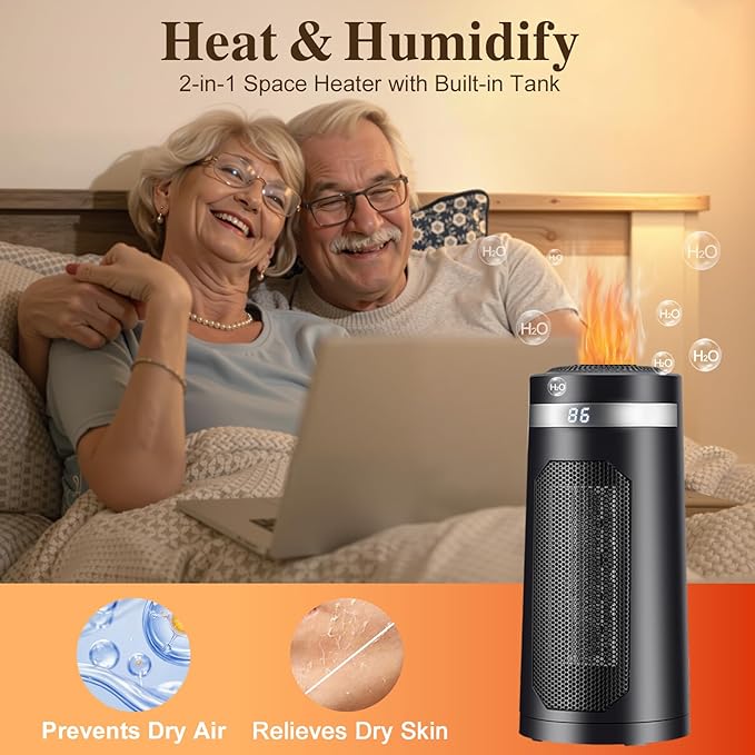 Space heaters for Indoor use, Space heater with humidifier,750w/1500W,Oscillating heater,with Tip-Over,PTC Material Rapid Heating,Humidifier with Ambient Light,12-hour timer, for 50-200 sq ft - Image 4