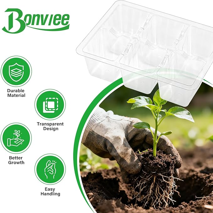 Bonviee 10 Packs Seed Starter Tray with Drainage Holes, Reusable & Durable, Clear for Root Monitoring, Easy to Repotted Without Root Damage, 6 Cells per Tray - Image 3