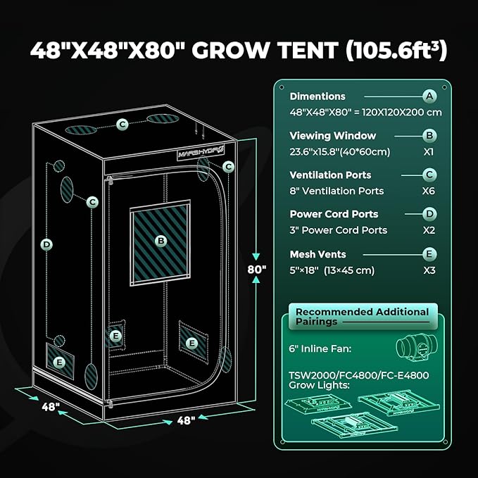 MARS HYDRO 4x4 Grow Tent Pro,48"x48"x80" 2000D Thickened Polyester Canvas & High Reflective Mylar,Larger Observation Window,Controller & Socket Hanger,for TSW2000/FC4800/FC-E4800 Indoor Plant Growing - Image 8