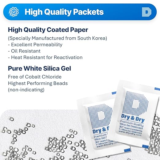 Dry & Dry 5 Gram [50 Packets] Silica Gel Packets Silica Gel Desiccants, Silica Gel Packs - Rechargeable (Food Safe) Silica Gel Packets, Silica Packets - Image 2