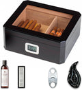 Woodronic Cigar Humidor for 50 Counts with Digital Hygrometer, Spanish Cedar Lined & Divider, Crystal Gel Humidifier, Humidor Solution, Cigar Cutter and Ashtray, Desktop Case Gift for Fathers by Woodronic